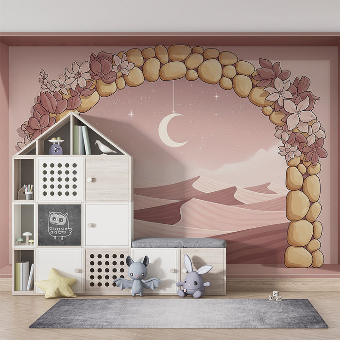 Papier peint chambre bébé | Arc fleuri et dunes de sable sous un ciel étoilé