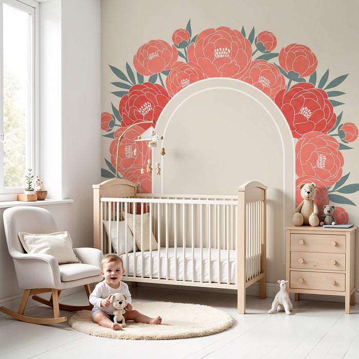 Papel pintado para habitación infantil | Arco floral con peonías delicadas sobre fondo neutro