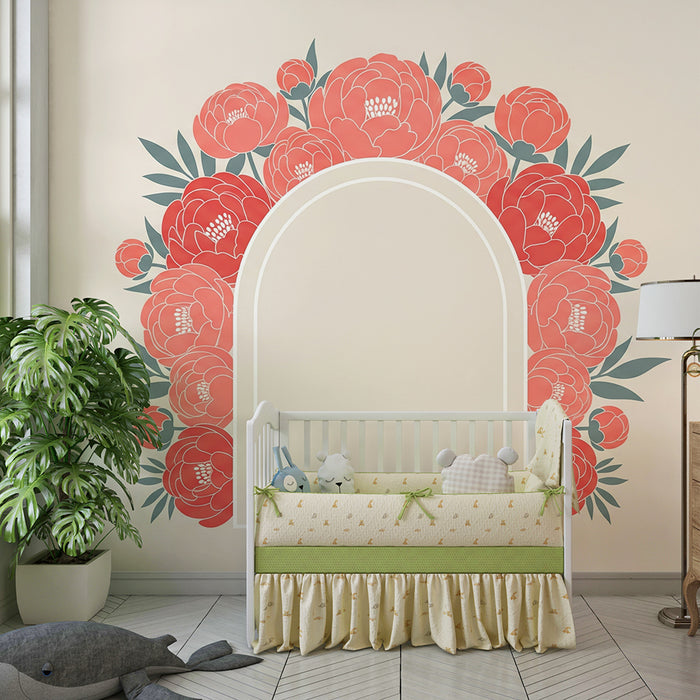 Papel pintado para habitación infantil | Arco floral con peonías delicadas sobre fondo neutro