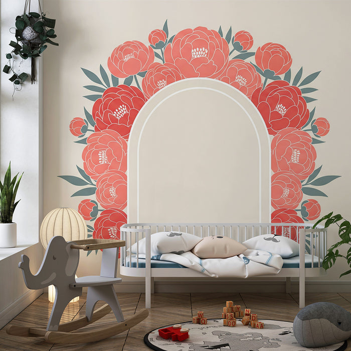 Papel pintado para habitación infantil | Arco floral con peonías delicadas sobre fondo neutro