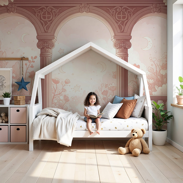 Papier peint chambre bébé | Arcades romantiques avec fleurs et ciel étoilé