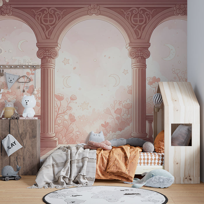 Papier peint chambre bébé | Arcades romantiques avec fleurs et ciel étoilé