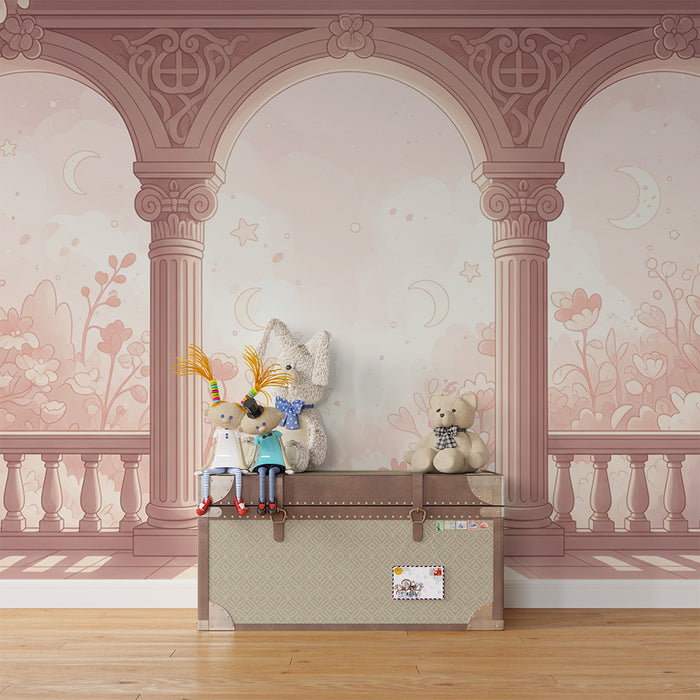Papier peint chambre bébé | Arcades romantiques avec fleurs et ciel étoilé