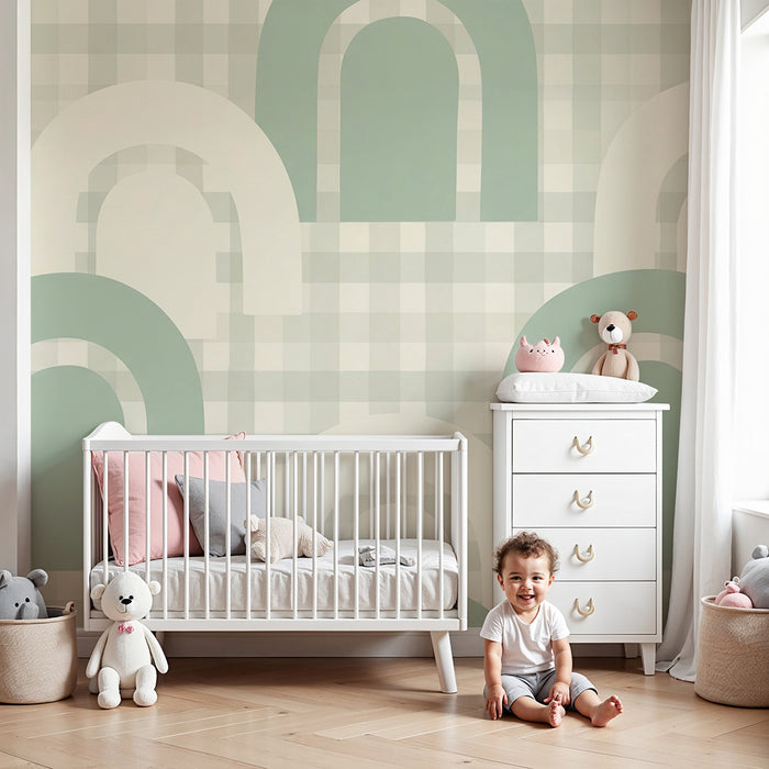 Papel pintado habitación bebé | Arcos suaves sobre fondo vichy verde y crema