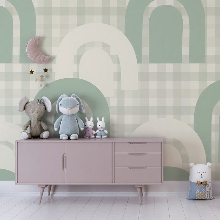 Papel pintado habitación bebé | Arcos suaves sobre fondo vichy verde y crema