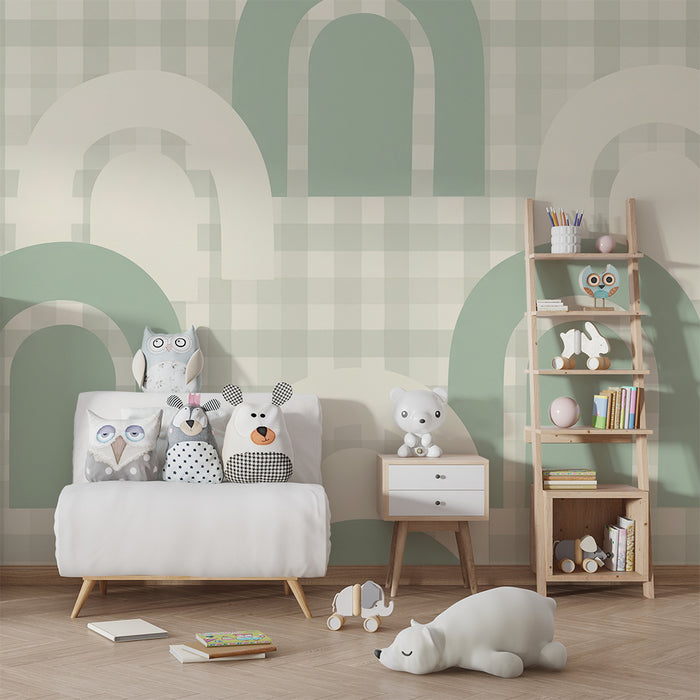 Papel pintado habitación bebé | Arcos suaves sobre fondo vichy verde y crema