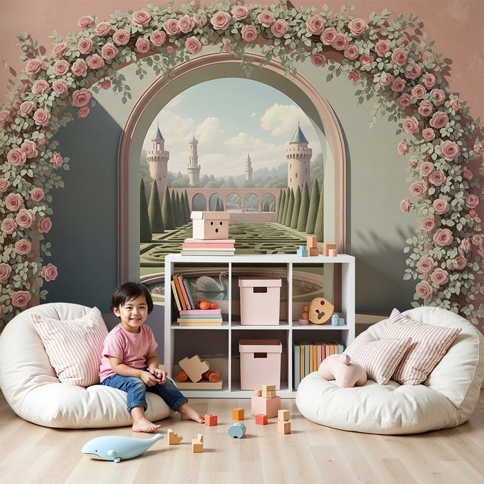 Papier peint chambre bébé | Arches fleuries et jardin féerique avec château