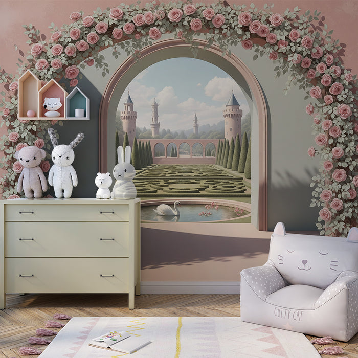 Papier peint chambre bébé | Arches fleuries et jardin féerique avec château