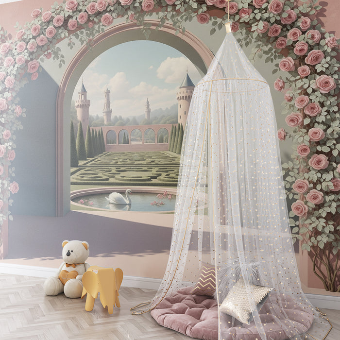 Papier peint chambre bébé | Arches fleuries et jardin féerique avec château