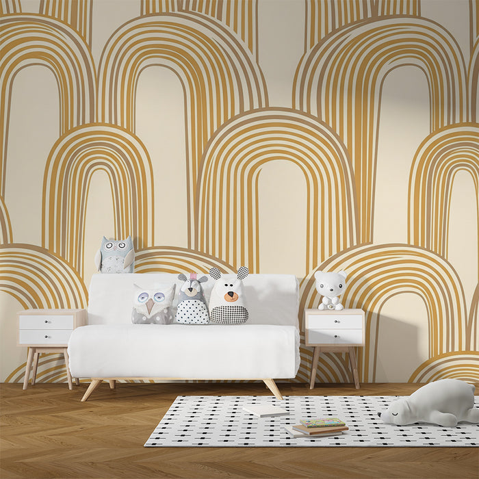 Papel de parede para quarto de bebé | Arcos coloridos em tons dourados sobre fundo creme