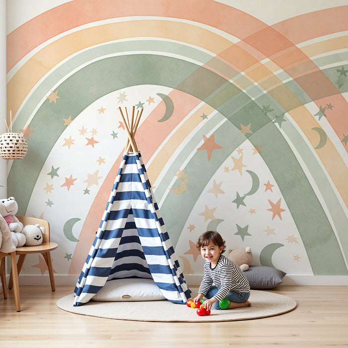 Tapeta pre detskú izbu | Jemné dúhy s pastelovými hviezdami a mesiacmi