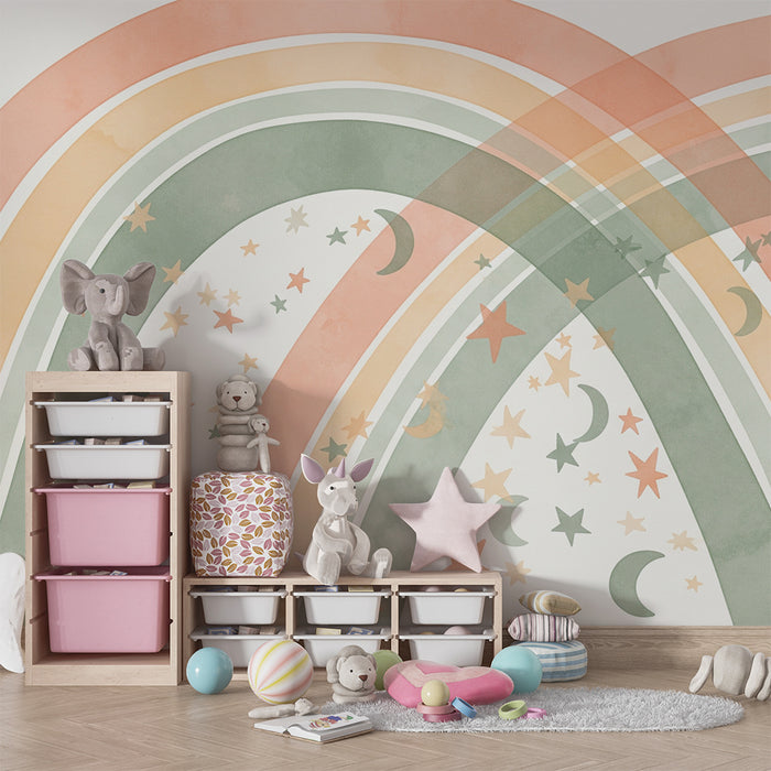 Tapeta pre detskú izbu | Jemné dúhy s pastelovými hviezdami a mesiacmi
