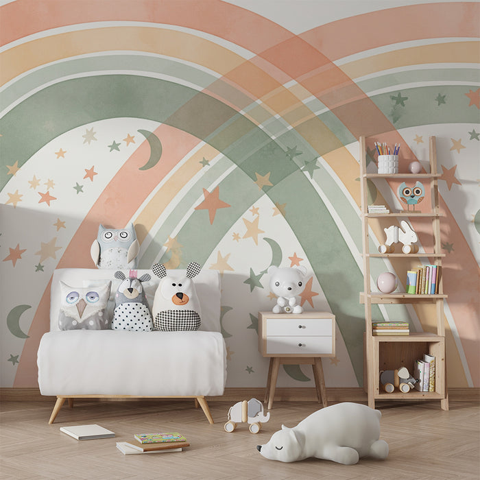 Tapeta pre detskú izbu | Jemné dúhy s pastelovými hviezdami a mesiacmi