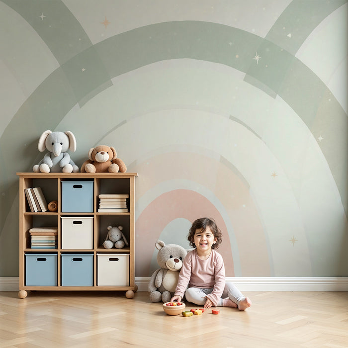Babyzimmer Tapete | Sanfte Regenbogen und glitzernde Sterne