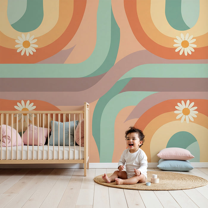 Nursery wallpaper | Soft rainbows and stylized flowers on a pastel background