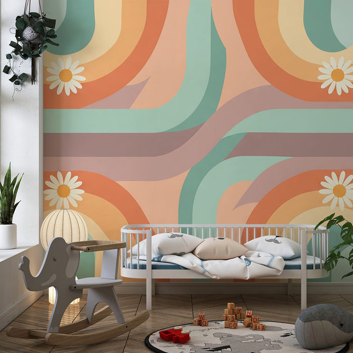 Nursery wallpaper | Soft rainbows and stylized flowers on a pastel background