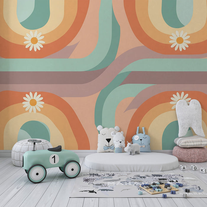 Nursery wallpaper | Soft rainbows and stylized flowers on a pastel background