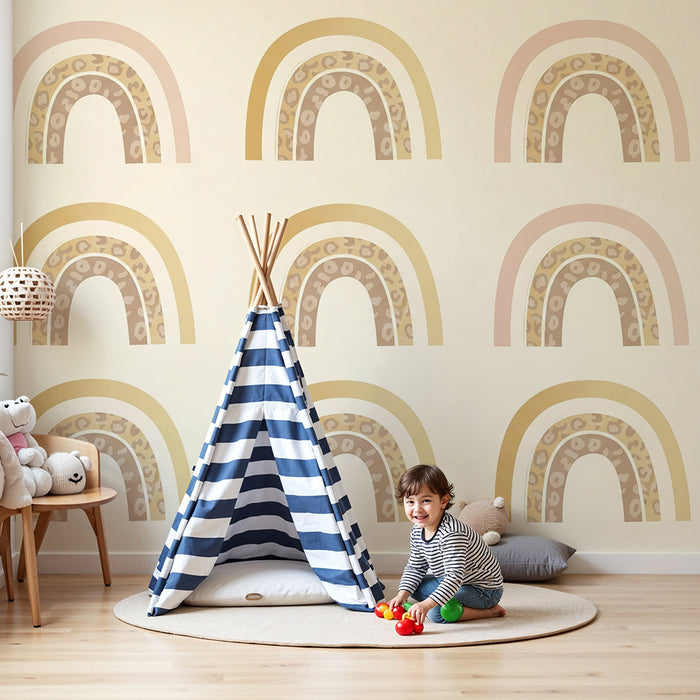 Papel de parede quarto bebê | Delicados arco-íris e padrões de animais