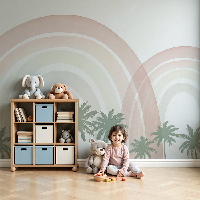 Lastenhuoneen tapetti | Lempeät sateenkaaret ja rauhoittavat palmupuut