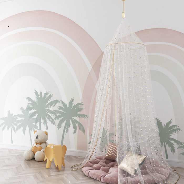 Lastenhuoneen tapetti | Lempeät sateenkaaret ja rauhoittavat palmupuut
