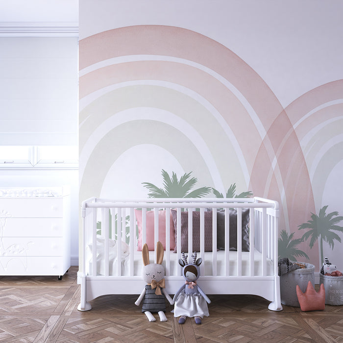 Lastenhuoneen tapetti | Lempeät sateenkaaret ja rauhoittavat palmupuut