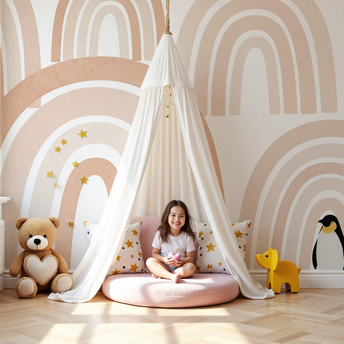 Babykamer behang | Zachte regenbogen en ondeugende pinguïn