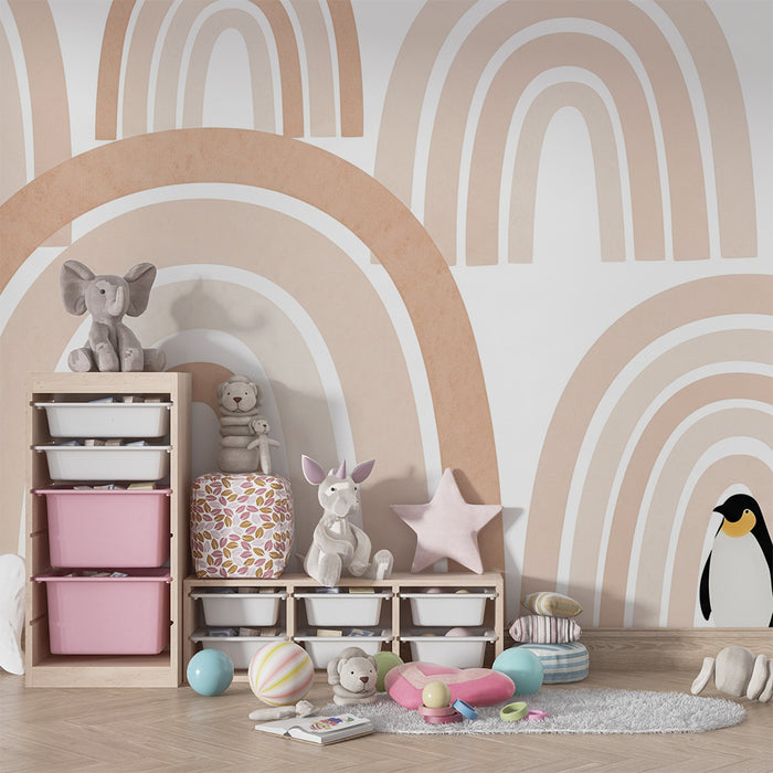 Babykamer behang | Zachte regenbogen en ondeugende pinguïn