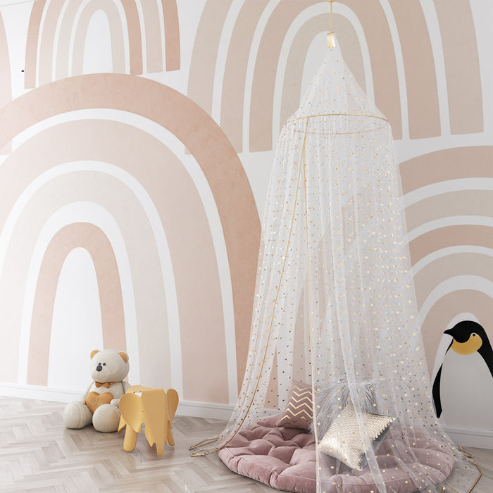 Babykamer behang | Zachte regenbogen en ondeugende pinguïn