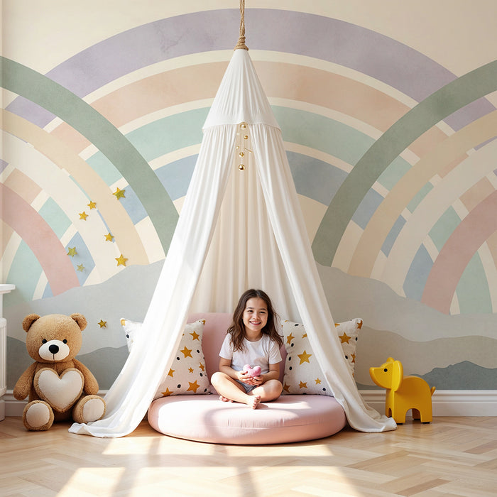 Papel pintado infantil | Arco iris pastel detrás de las montañas