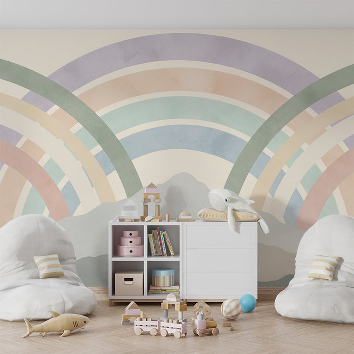 Papel pintado infantil | Arco iris pastel detrás de las montañas