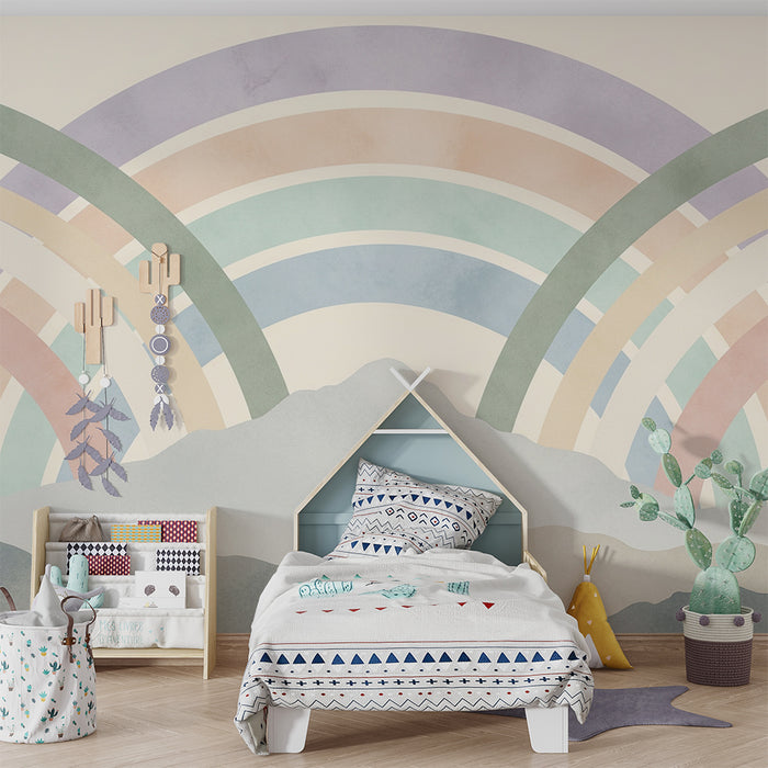 Papel pintado infantil | Arco iris pastel detrás de las montañas