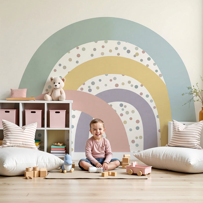 Tapeta dětského pokoje | Pastelové duhy a barevné puntíky na jemném pozadí
