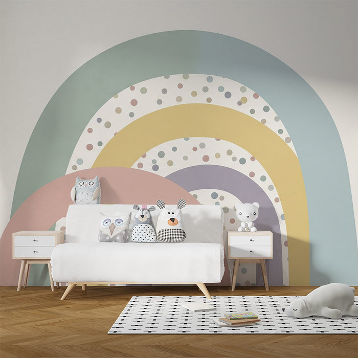 Tapeta dětského pokoje | Pastelové duhy a barevné puntíky na jemném pozadí