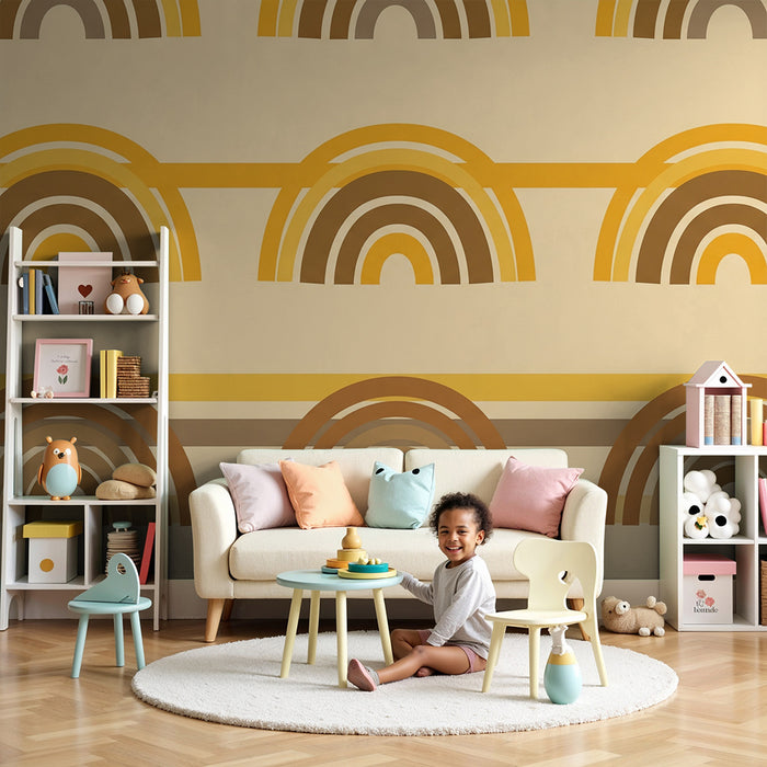 Papier peint chambre bébé | Arcs-en-ciel stylisés dans des tons chauds et doux