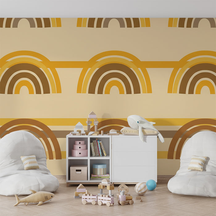 Papier peint chambre bébé | Arcs-en-ciel stylisés dans des tons chauds et doux