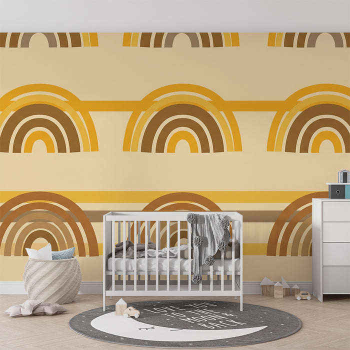 Papier peint chambre bébé | Arcs-en-ciel stylisés dans des tons chauds et doux