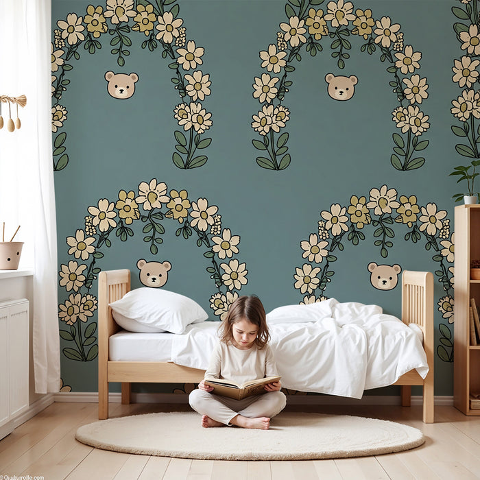 Behang voor babykamer | Bloeiende bogen en beertjes op blauwe achtergrond