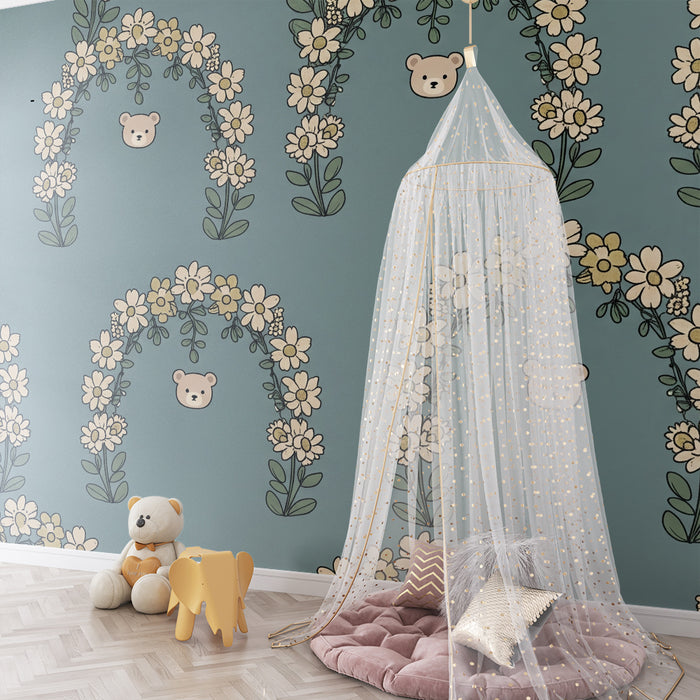Behang voor babykamer | Bloeiende bogen en beertjes op blauwe achtergrond