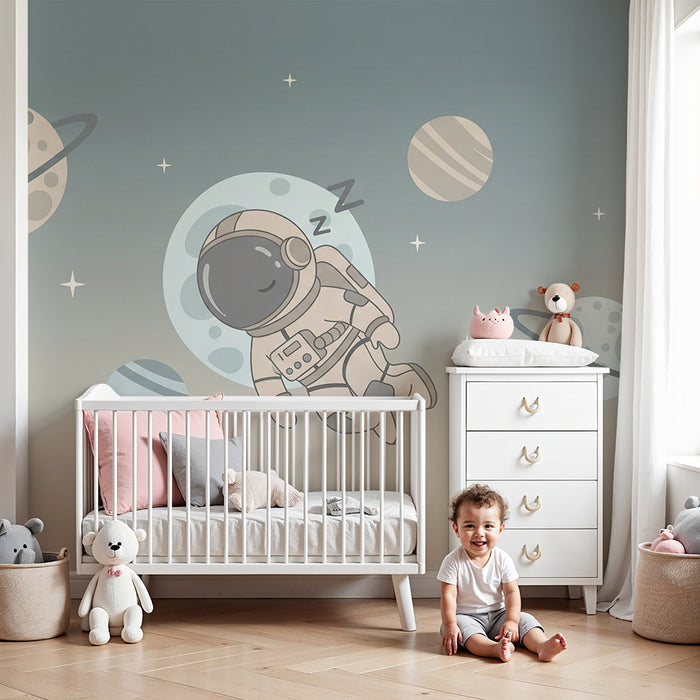 Papel pintado infantil | Astronauta dormido entre los planetas