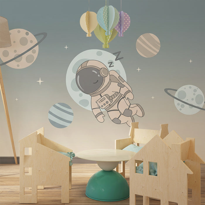 Papel pintado infantil | Astronauta dormido entre los planetas