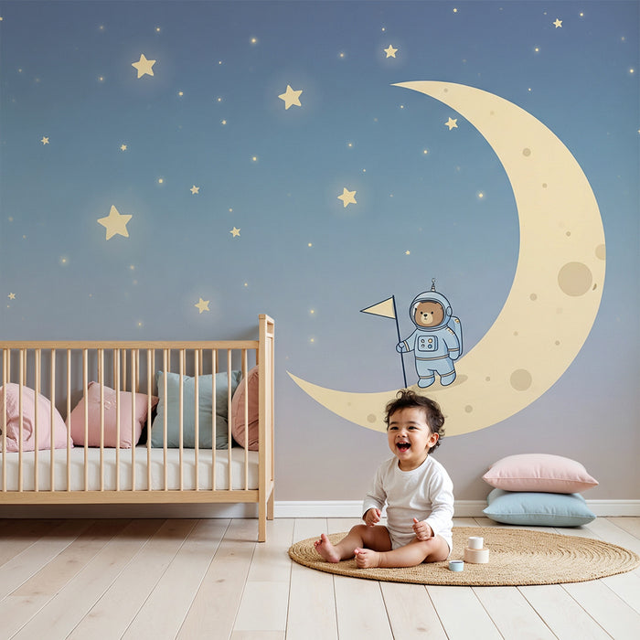 Papel pintado infantil | Astronauta oso en media luna con estrellas brillantes
