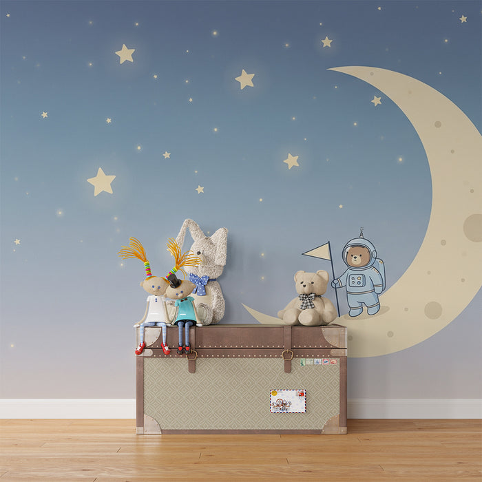 Papel pintado infantil | Astronauta oso en media luna con estrellas brillantes