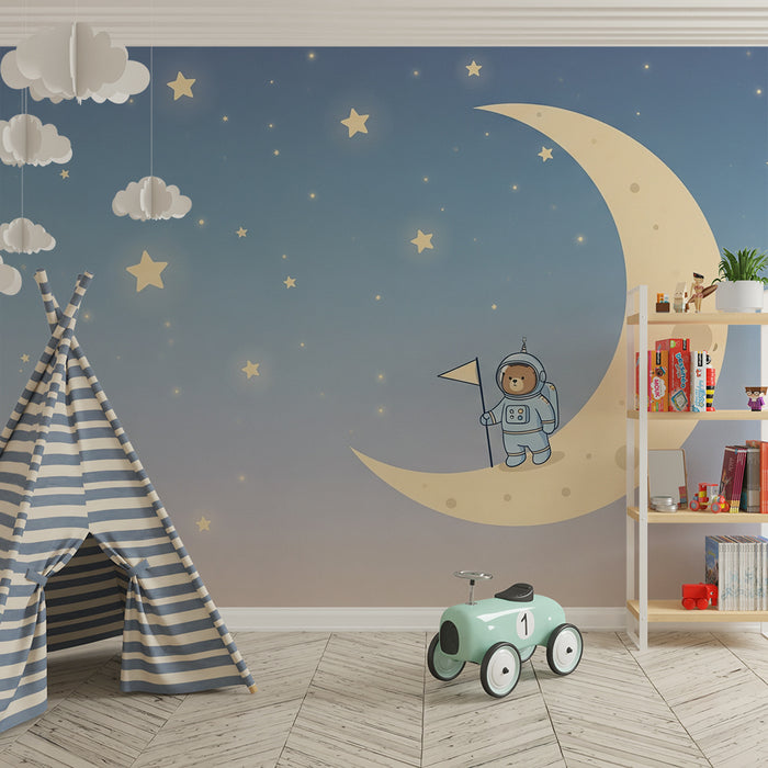 Papel pintado infantil | Astronauta oso en media luna con estrellas brillantes