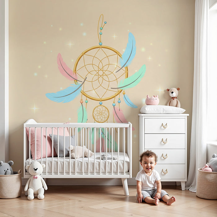 Papel de parede quarto bebê | Πολύχρωμο ονειροπαγίδα με λεπτά φτερά