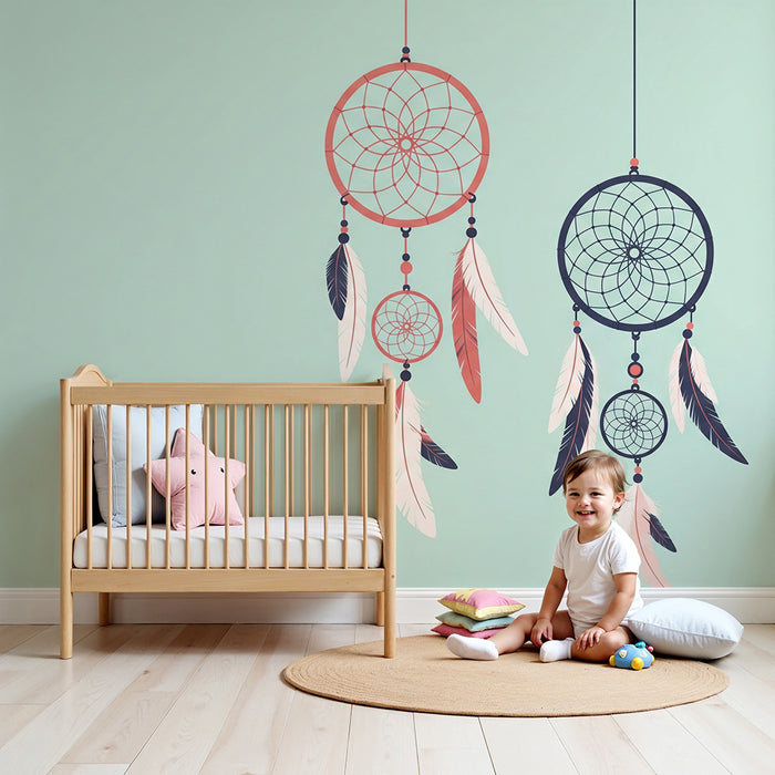 Lastenhuoneen tapetti | Värikkäät unisiepparit herkillä höyhenillä