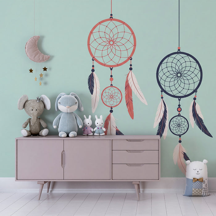 Lastenhuoneen tapetti | Värikkäät unisiepparit herkillä höyhenillä