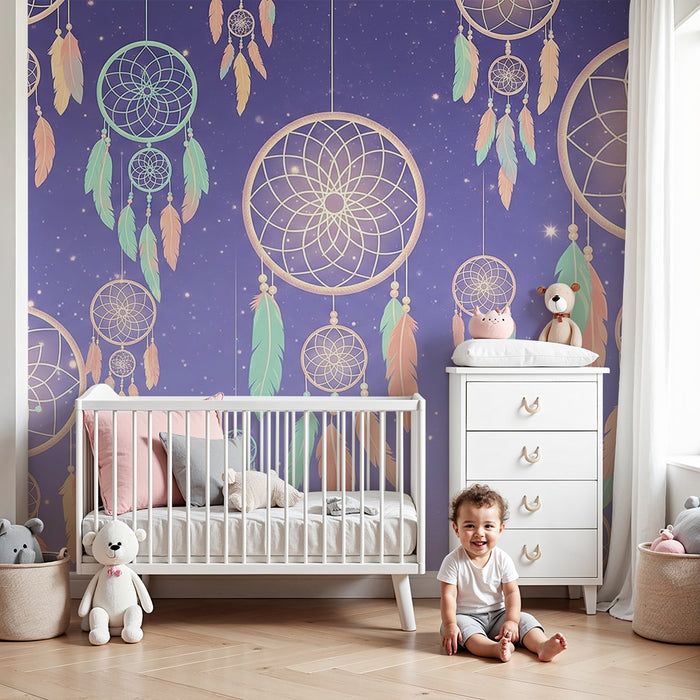 Børneværelse tapet | Farverige drømmefanger på stjernemønstret baggrund