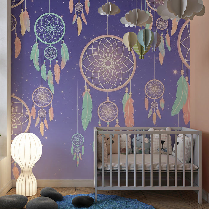 Børneværelse tapet | Farverige drømmefanger på stjernemønstret baggrund