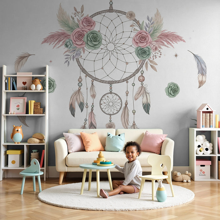 Babykamer behang | Delicate dromenvanger met pastel bloemen en veren