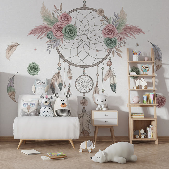 Babykamer behang | Delicate dromenvanger met pastel bloemen en veren